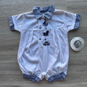 Vintage White & Blue Baby Boy 0-3 Months Jumper Embroidered Classic Toys Preppy
